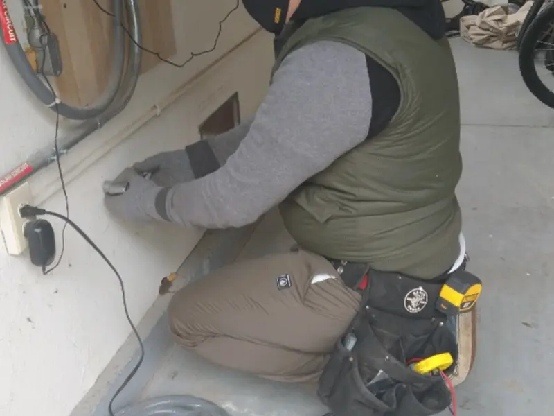 Electrician performing outlet wiring in a Lawrenceburg garage
